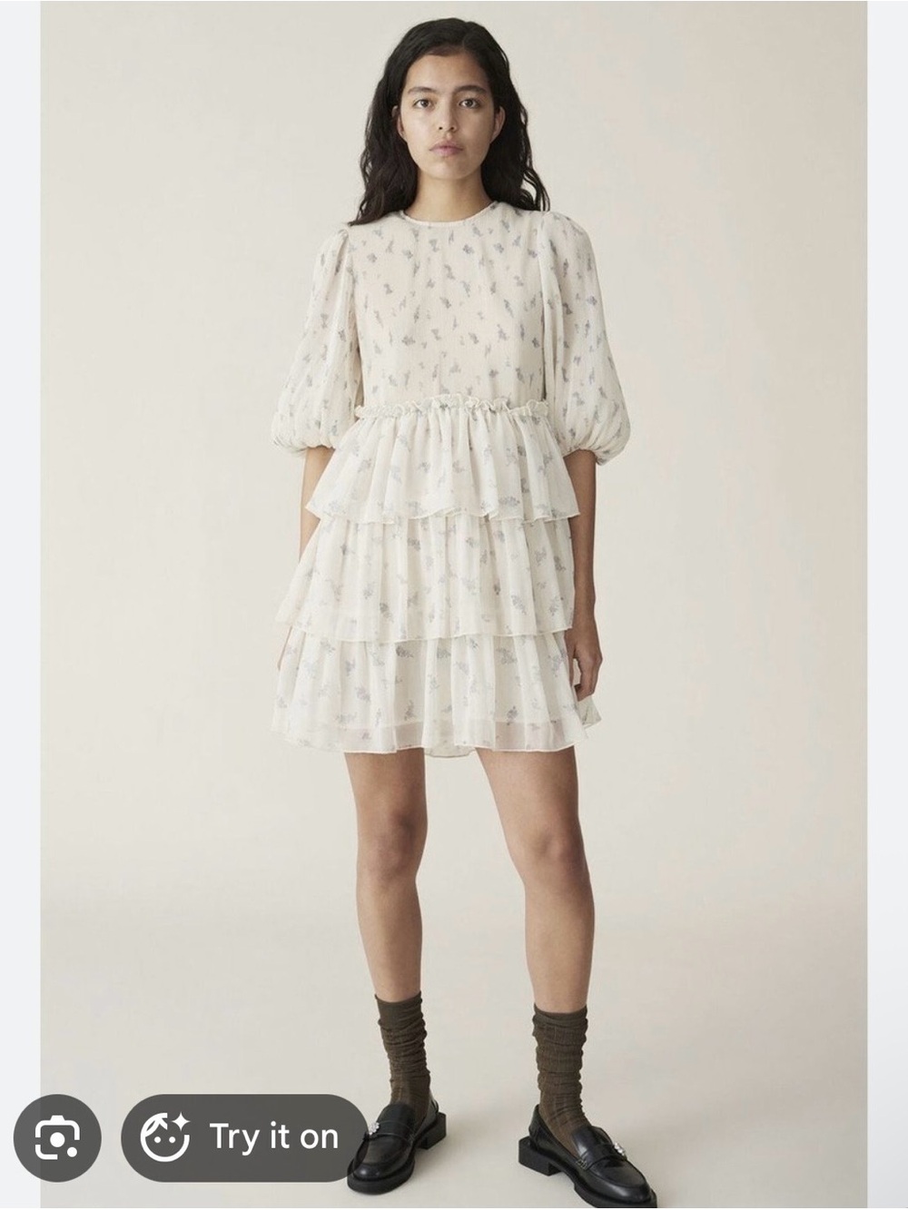 Ganni Tiered Ivory Floral Mini Dress